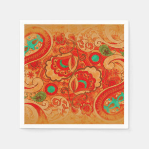 Funky Burnt Orange Red Turquoise Vintage Paisley Napkin