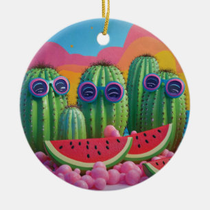 Funky Cacti with Sunglasses, Watermelon, and Candy Ceramic Ornament