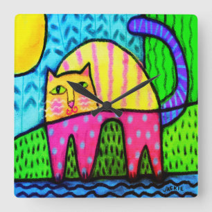 Funky Cat Abstract Painting Large Clock