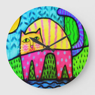 Funky Cat Abstract Painting Large Clock