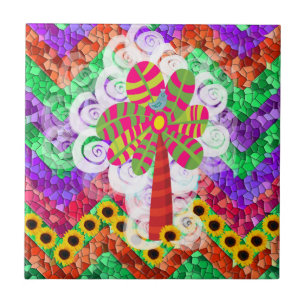 Funky Chevron Mosaic Tree Swirls Sunflowers Summer Ceramic Tile
