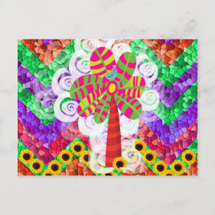Funky Chevron Mosaic Tree Swirls Sunflowers Summer Postcard