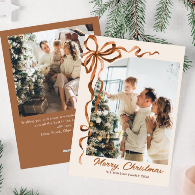Funky Christmas Beige Boho Bow Ribbon 2 Photo Holiday Card (Creator Uploaded)