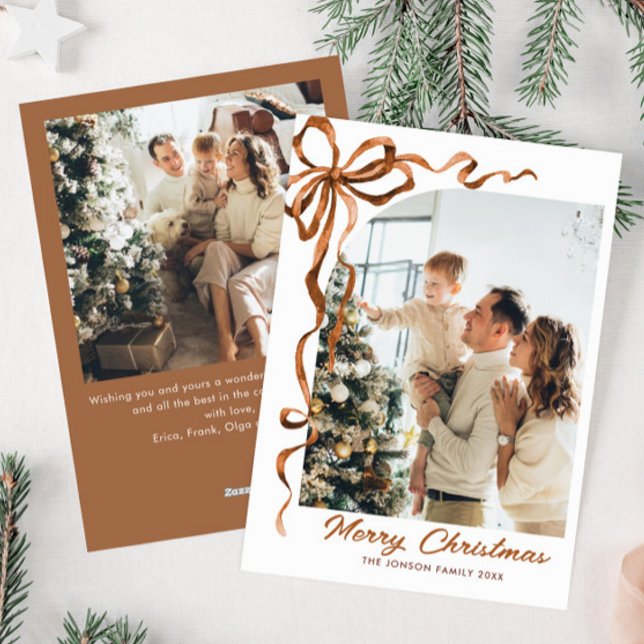 Funky Christmas Beige Boho Bow Ribbon 2 Photo Holiday Card (Creator Uploaded)