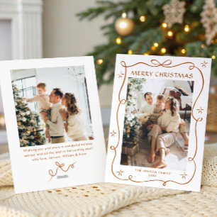 Funky Christmas Boho Beige Bow Ribbon 2 Photo Holiday Card
