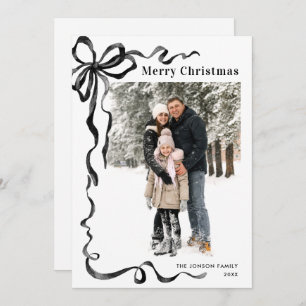 Funky Christmas Boho Black Bow Ribbon 2 Photo Holiday Card
