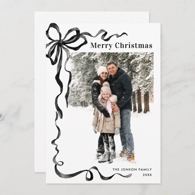 Funky Christmas Boho Black Bow Ribbon 2 Photo Holiday Card (Front/Back)