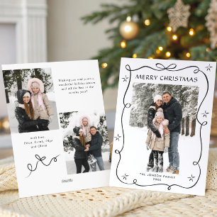 Funky Christmas Boho Black Bow Ribbon 3 Photo Holiday Card