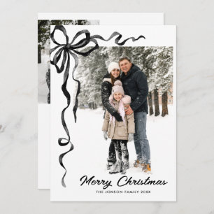 Funky Christmas Boho Black Bow Ribbon 3 Photo Holiday Card