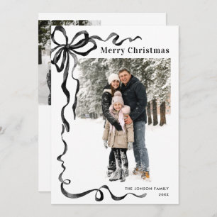 Funky Christmas Boho Black Bow Ribbon 3 Photo Holiday Card