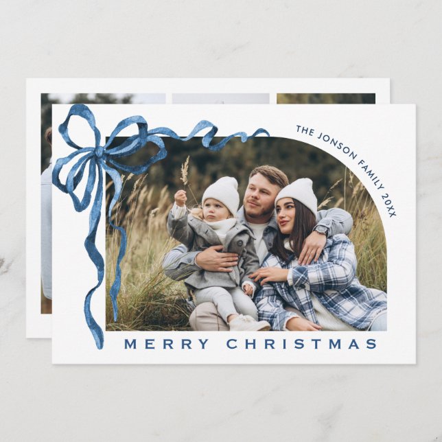 Funky Christmas Boho Blue Bow Ribbon 4 Photo Holiday Card (Front/Back)