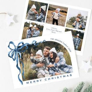 Funky Christmas Boho Blue Bow Ribbon 6 Photo Holiday Card
