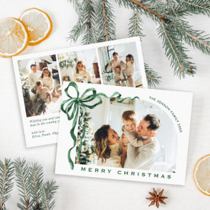 Funky Christmas Boho Green Bow Ribbon 4 Photo Holiday Card