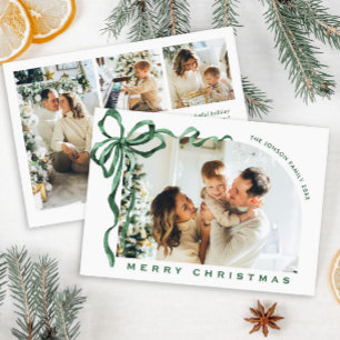 Funky Christmas Boho Green Bow Ribbon 4 Photo Holiday Card