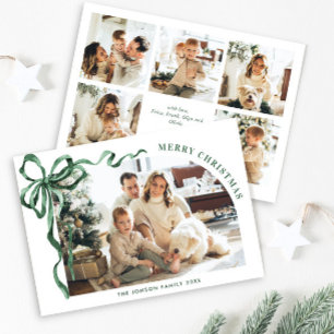 Funky Christmas Boho Green Bow Ribbon 6 Photo Holiday Card