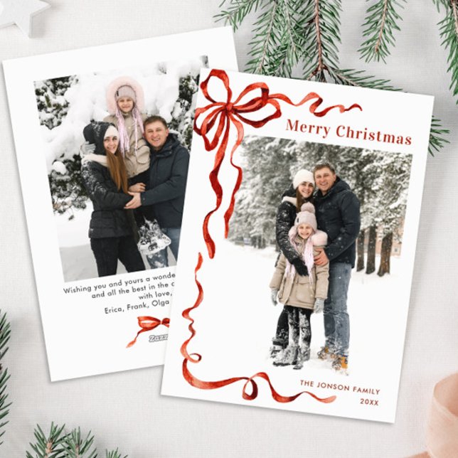 Funky Christmas Boho Red Bow Ribbon 2 Photo Holiday Card (Creator Uploaded)