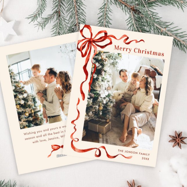 Funky Christmas Boho Red Bow Ribbon 2 Photo Holiday Card (Creator Uploaded)