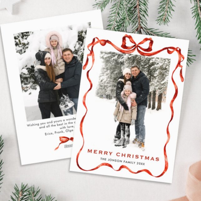 Funky Christmas Boho Red Bow Ribbon 2 Photo Holiday Card (Creator Uploaded)