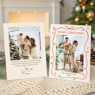 Funky Christmas Boho Red Bow Ribbon 2 Photo Holiday Card