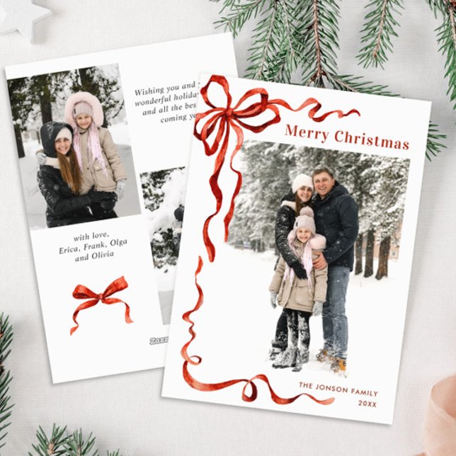 Funky Christmas Boho Red Bow Ribbon 3 Photo Holiday Card (Creator Uploaded)