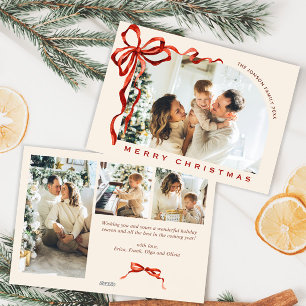 Funky Christmas Boho Red Bow Ribbon 4 Photo Holiday Card