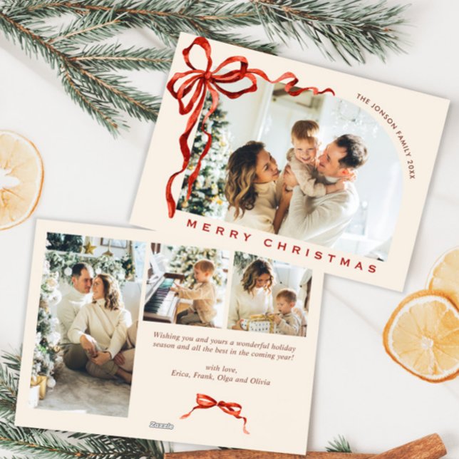 Funky Christmas Boho Red Bow Ribbon 4 Photo Holiday Card (Creator Uploaded)