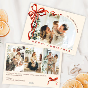 Funky Christmas Boho Red Bow Ribbon 4 Photo Holiday Card