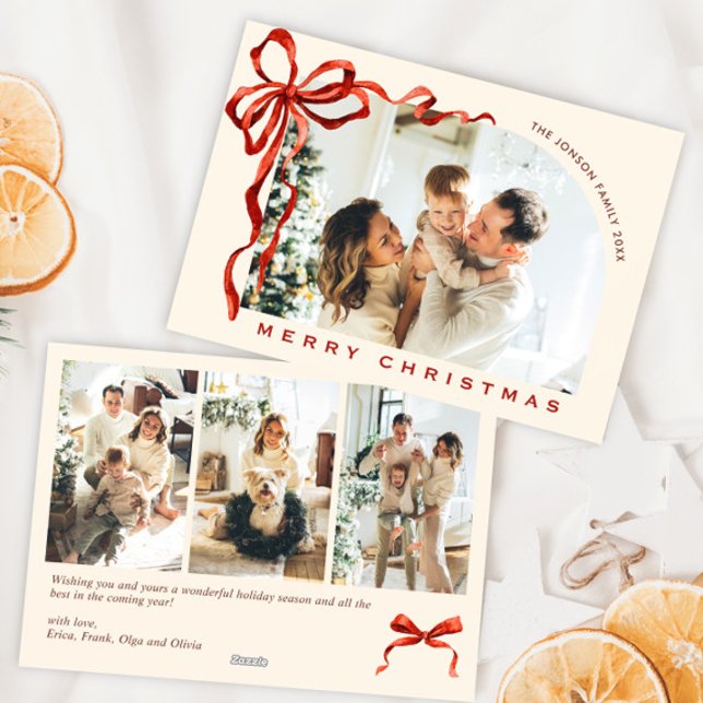 Funky Christmas Boho Red Bow Ribbon 4 Photo Holiday Card (Creator Uploaded)