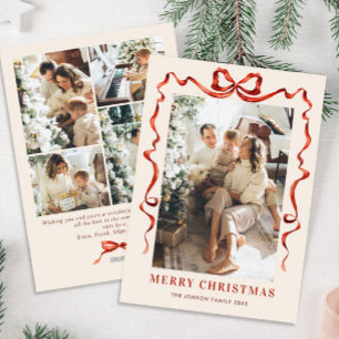 Funky Christmas Boho Red Bow Ribbon 5 Photo Holiday Card