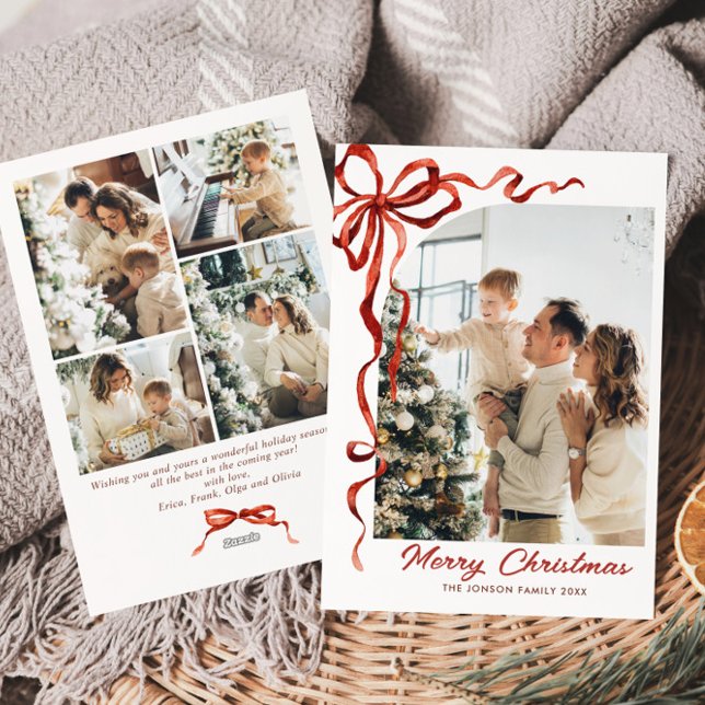 Funky Christmas Boho Red Bow Ribbon 5 Photo Holiday Card (Creator Uploaded)