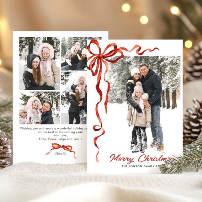 Funky Christmas Boho Red Bow Ribbon 5 Photo Holiday Card (Creator Uploaded)