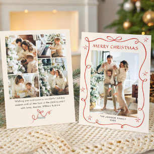 Funky Christmas Boho Red Bow Ribbon 5 Photo Holiday Card