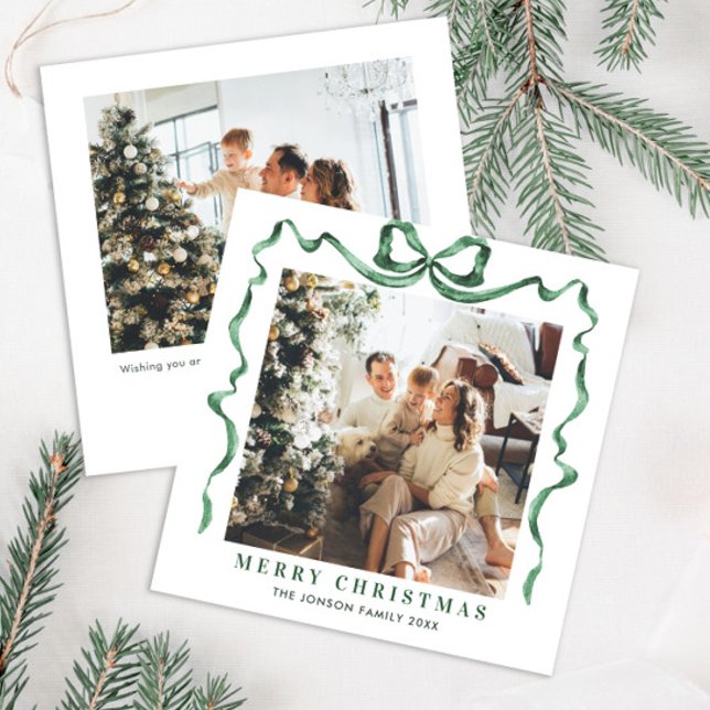 Funky Christmas Sage Green Bow Ribbon 2 Photo Holiday Card (Creator Uploaded)