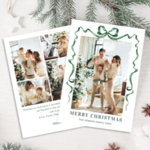 Funky Christmas Sage Green Bow Ribbon 5 Photo Holiday Card