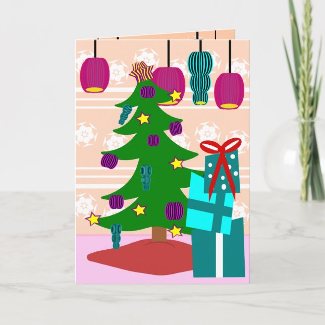 Funky Christmas Tree and Gift Greeting Card (Front)