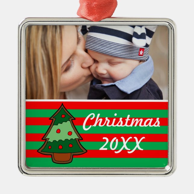 Funky Christmas Tree and Stripes Custom Photo Metal Ornament (Front)