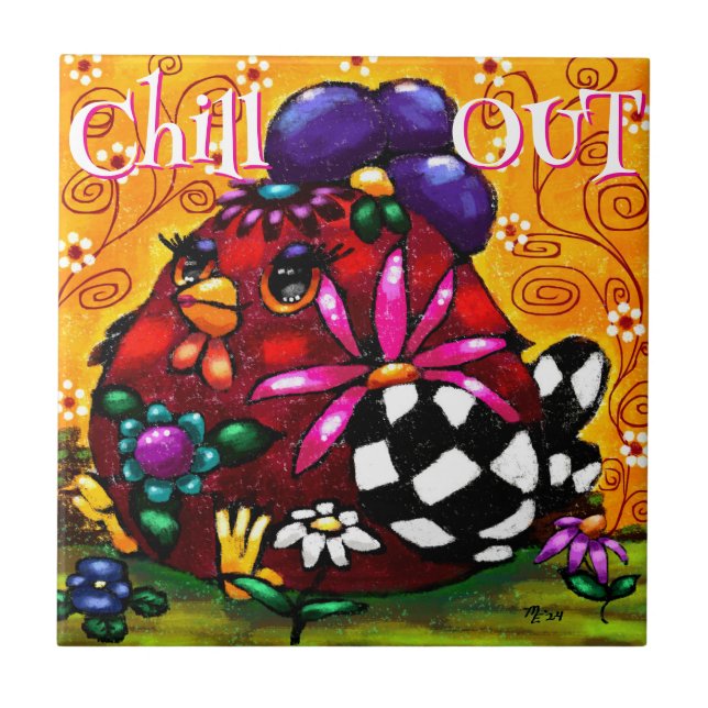 Funky Chunky Floral Chicken Colourful Personalised Ceramic Tile (Front)