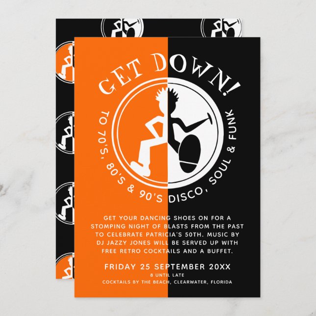 Funky clubber black orange get down retro party invitation (Front/Back)