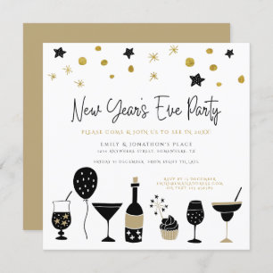 Funky Cocktails Champagne Gold Black New Years Eve Invitation