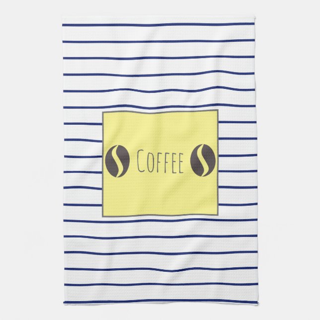 Funky Coffee Beans Blue White Stripes Tea Towel (Vertical)