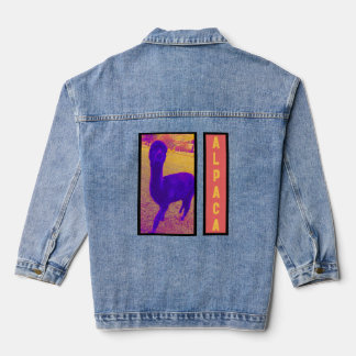 FUNKY COLORFUL ABSTRACT ALPACA IMAGE PURPLE YELLOW DENIM JACKET