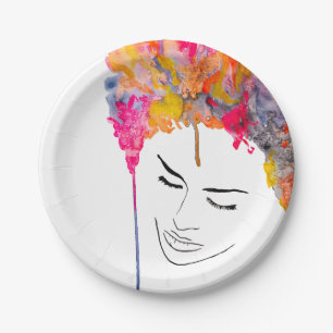 Funky colorful rainbow lady art paper plate