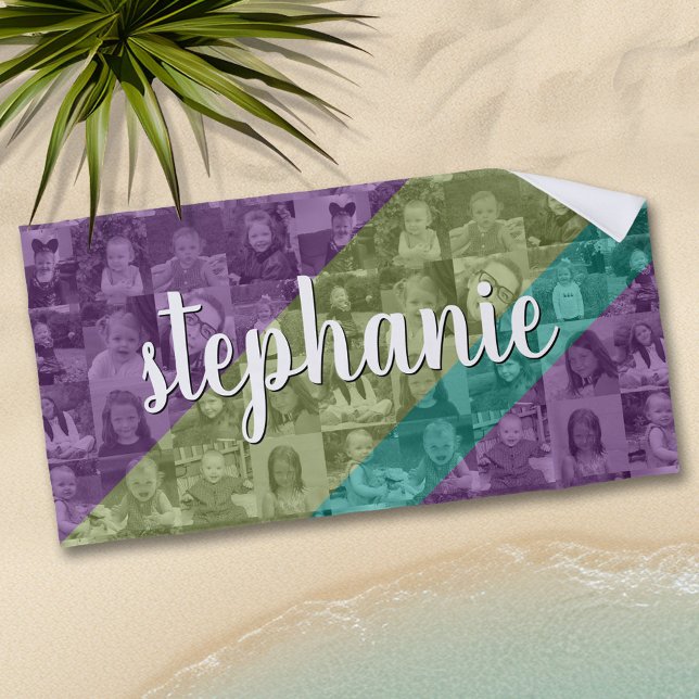 Funky Colour Overlay Photo Collage Up to 16 photos Beach Towel (Personalized Beach Towel - Add Photos and Text)