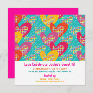 Funky Colour Retro Pop Hearts Girl Birthday Invite
