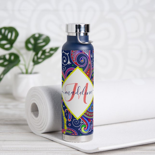 Funky coloured paisley personalised water bottle (Yoga)