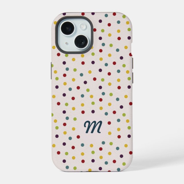 Funky Colourful Dots Pattern Monogram iPhone 15 Case (Back)