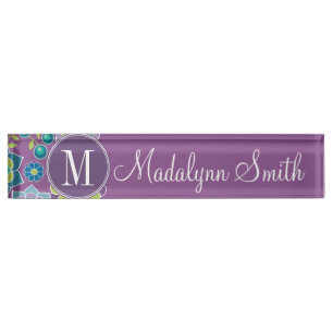 Funky Colourful Floral Pattern Custom Monogram Nameplate