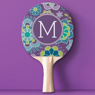 Funky Colourful Floral Pattern Custom Monogram Ping Pong Paddle