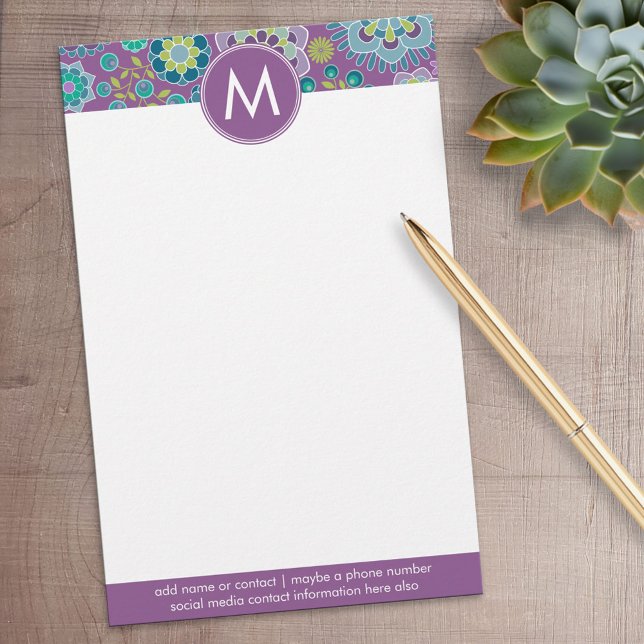 Funky Colourful Floral Pattern Custom Monogram Stationery (Personalized Stationery)