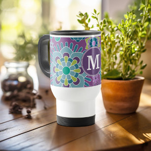 Funky Colourful Floral Pattern Custom Monogram Travel Mug